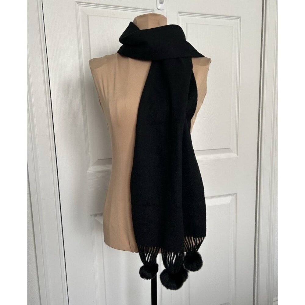 Jennifer 100% Wool Shawl Scarf w/ Fur PomPom Edge Accent Black12"x65"